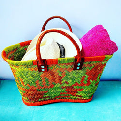 French Market Bag - Handmade woven basket with Leather Handles