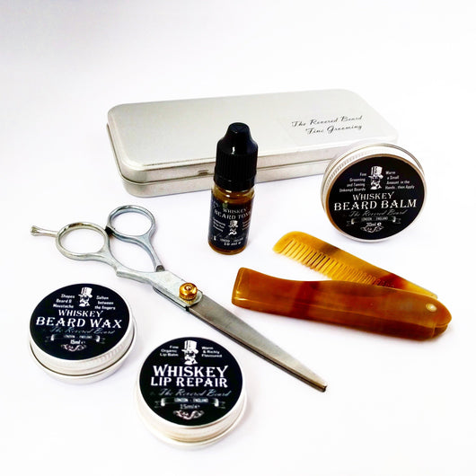 Whiskey scented Beard Oil, Balm, Wax, Comb, Scissors & Tin Grooming Kit by Revered Beard